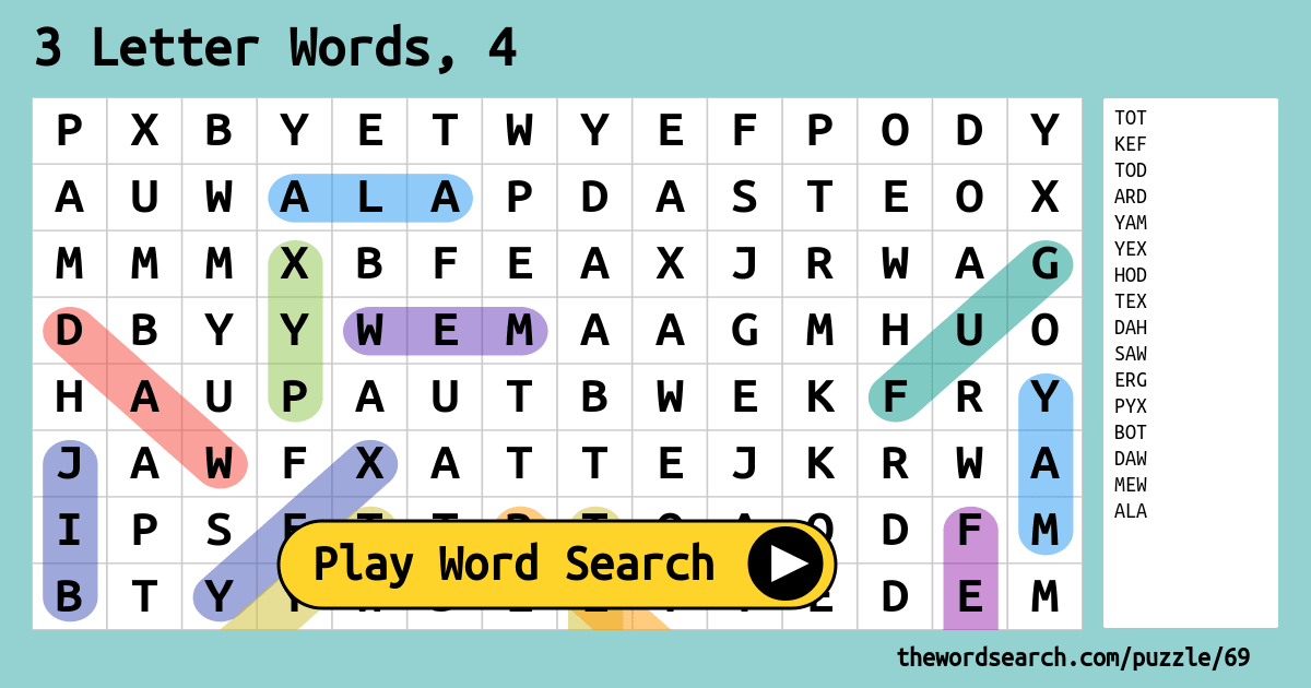 3 Letter Words, 4 Word Search