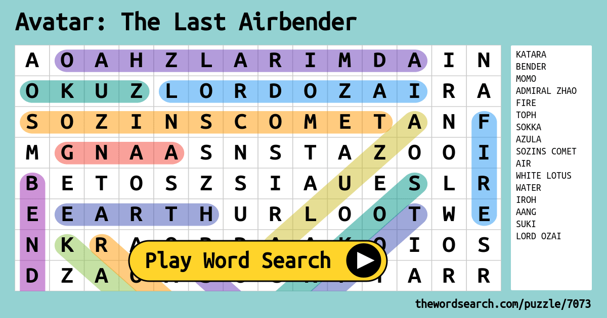 avatar the last airbender word search