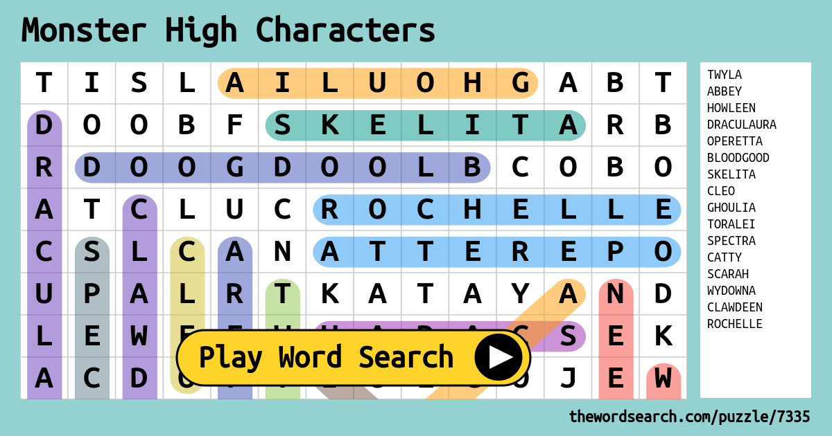 Monster High Characters Word Search