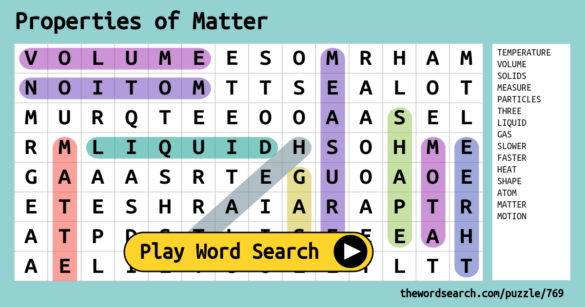 Properties Of Matter Word Search