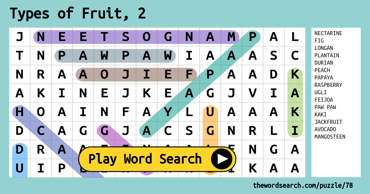 Types of Fruit, 2 Word Search
