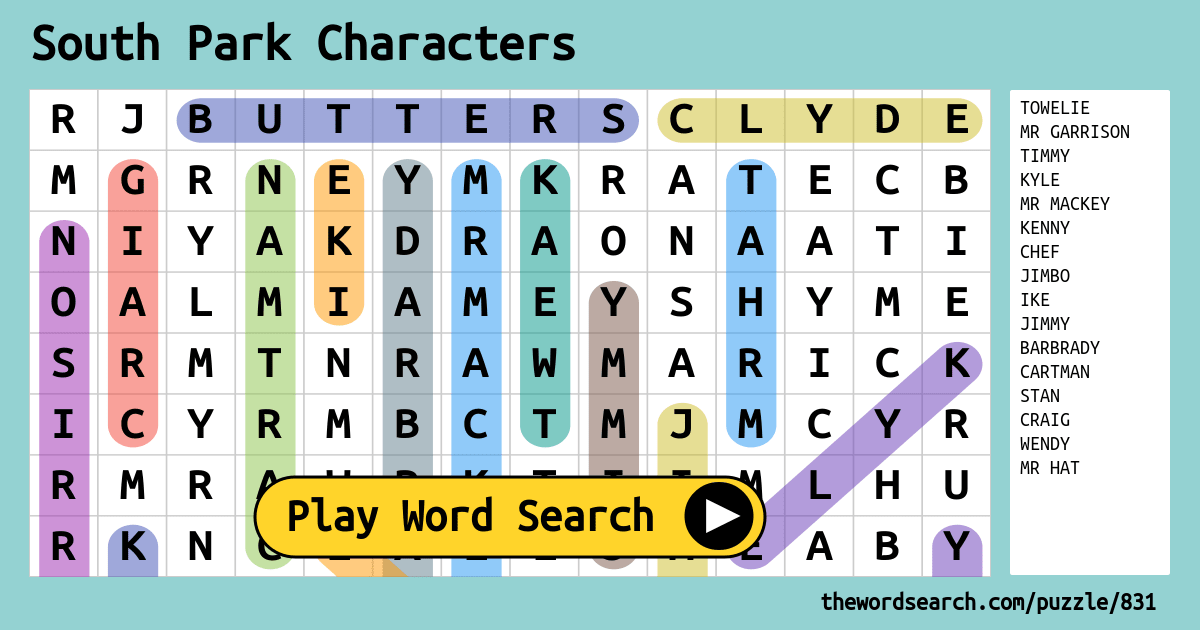 South Park Characters Word Search