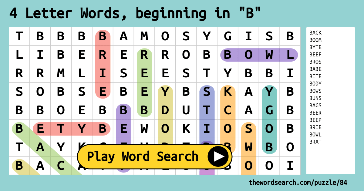 Printable 4 Letter Word Search beginning with B