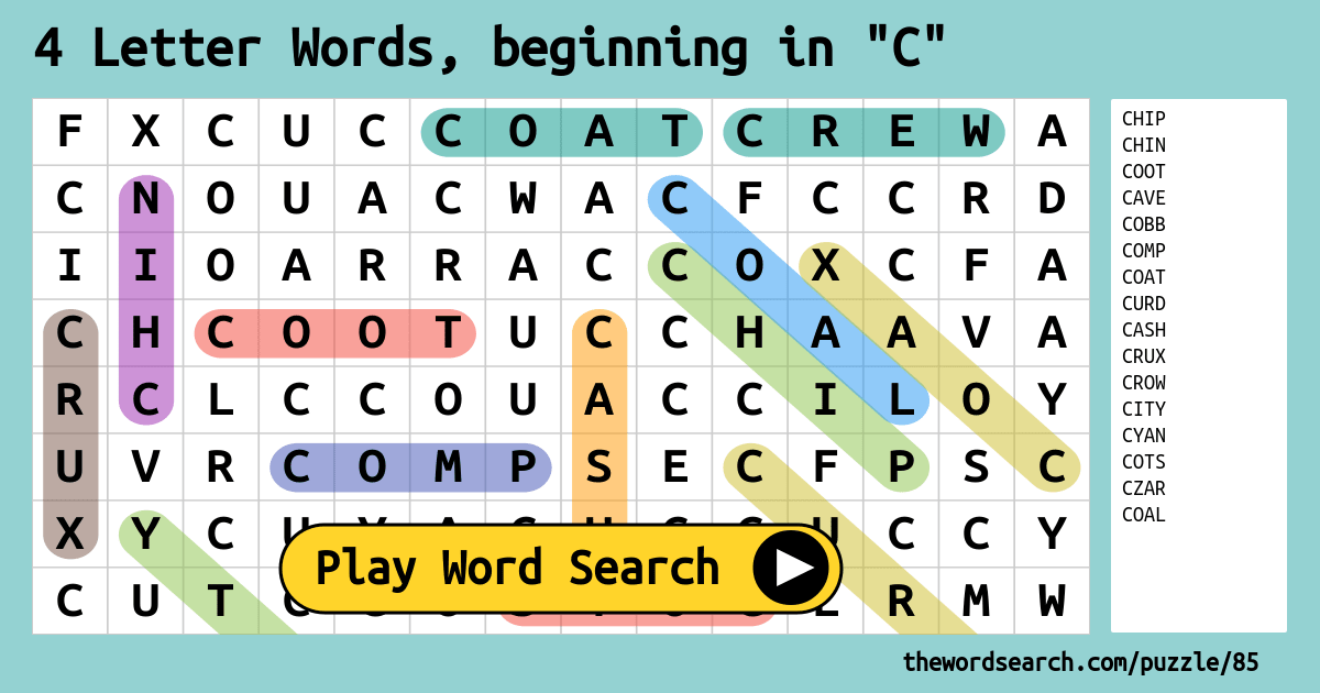 4 Letter Words, beginning in "C" Word Search