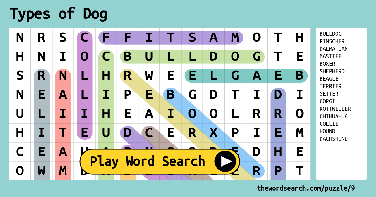 types of dog word search