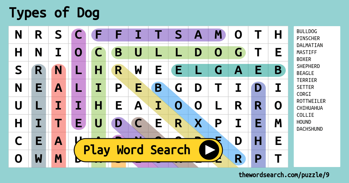 Types Of Dog Word Search