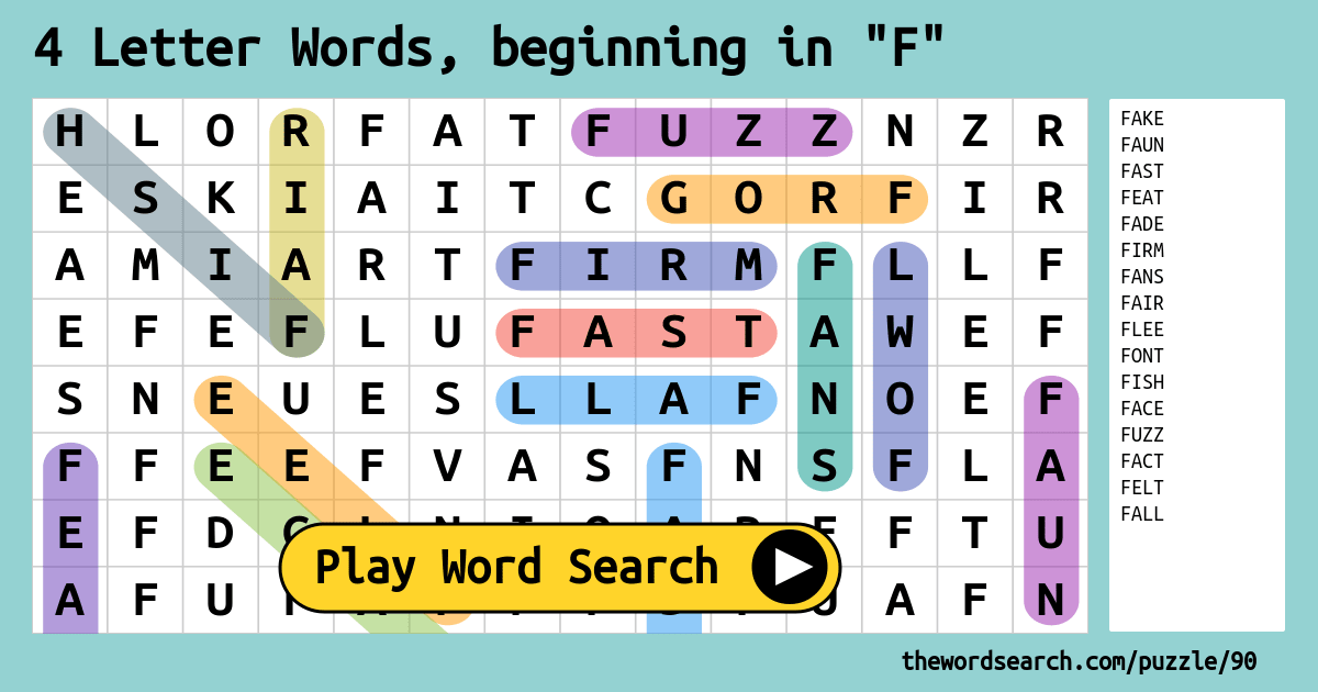 4 Letter Words, beginning in "F" Word Search