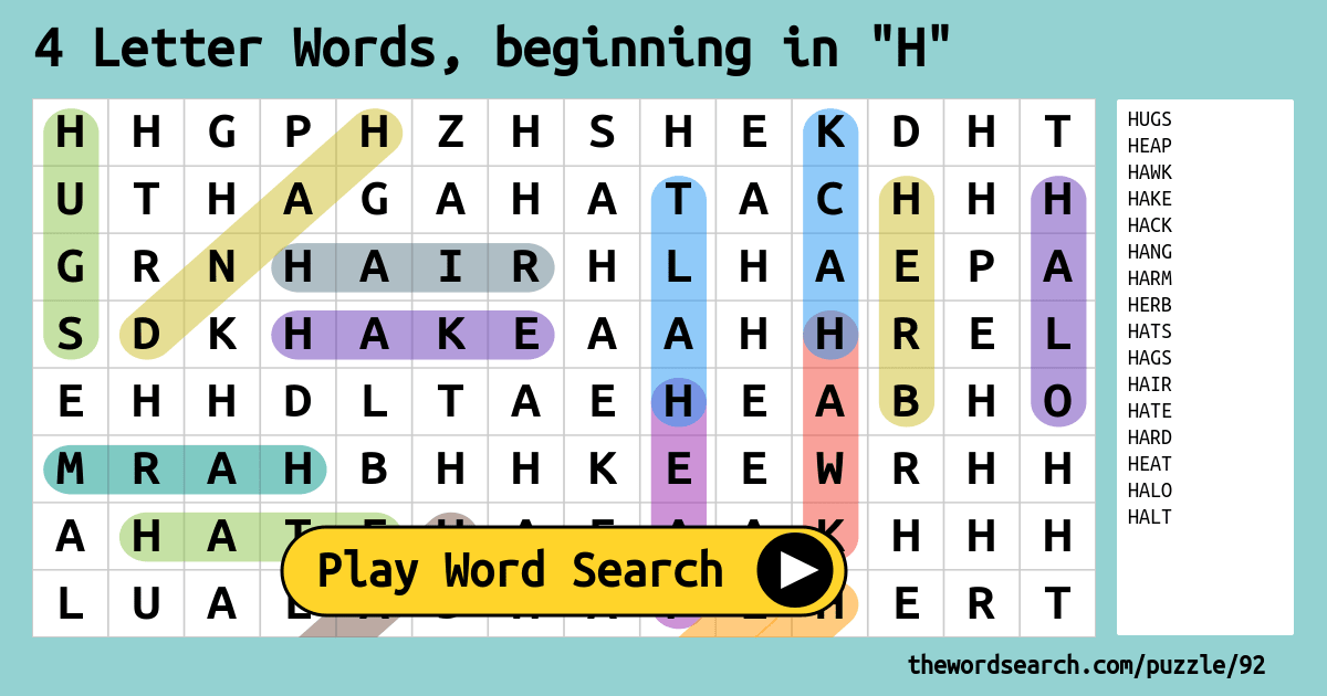 4 Letter Words Beginning In H Word Search