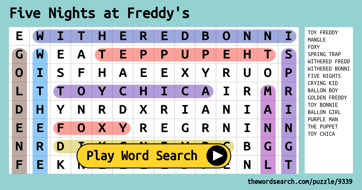 FNAF 4 Word Search - WordMint