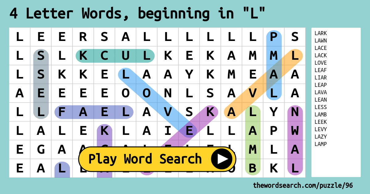 4 Letter Words Beginning In L Word Search