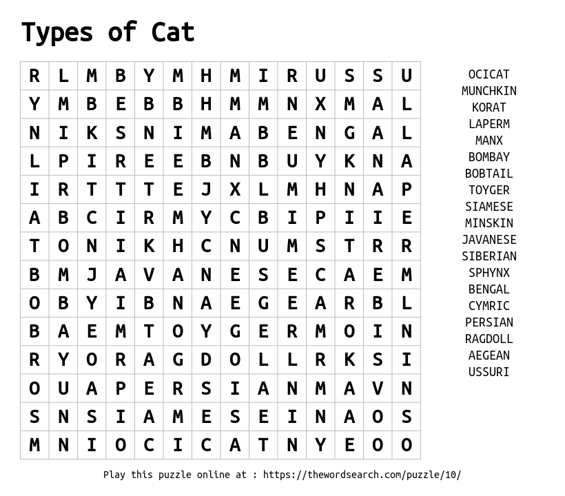 Download Word Search on Types of Cat