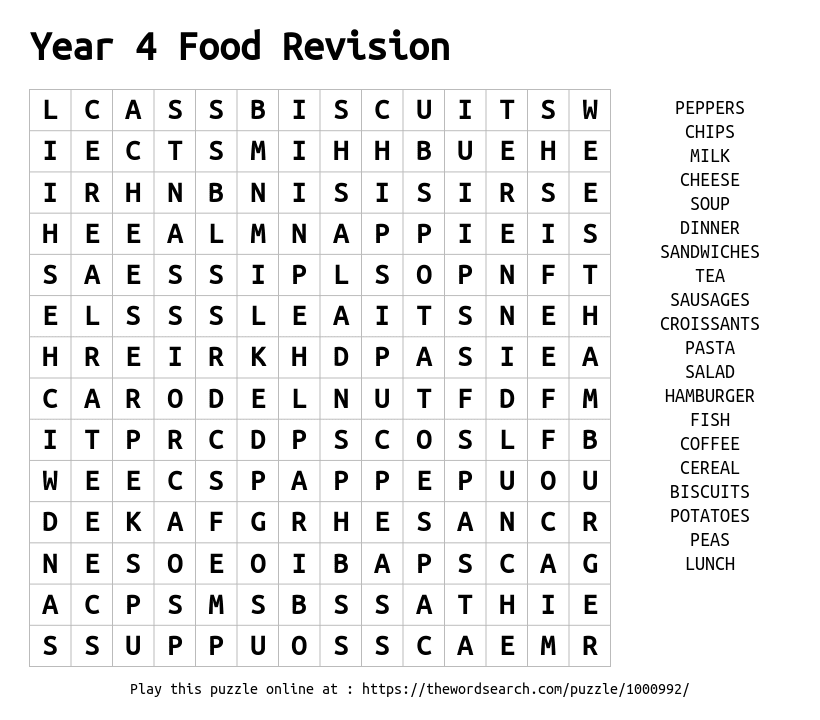 download word search on year 4 food revision