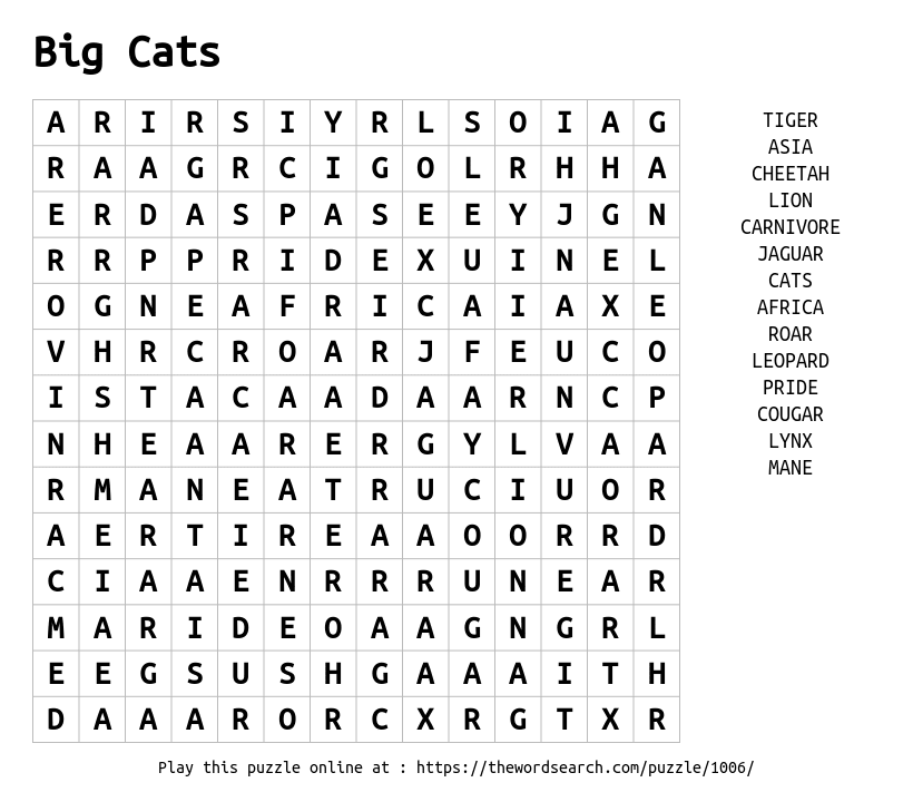 Download Word Search On Big Cats