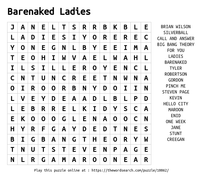 Word Search on Barenaked Ladies