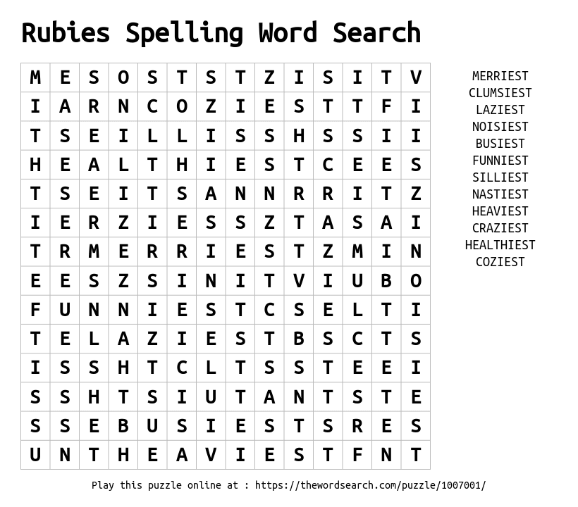Word Search on Rubies Spelling Word Search