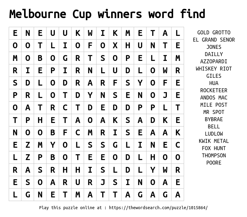 Word Search on Melbourne Cup winners word find
