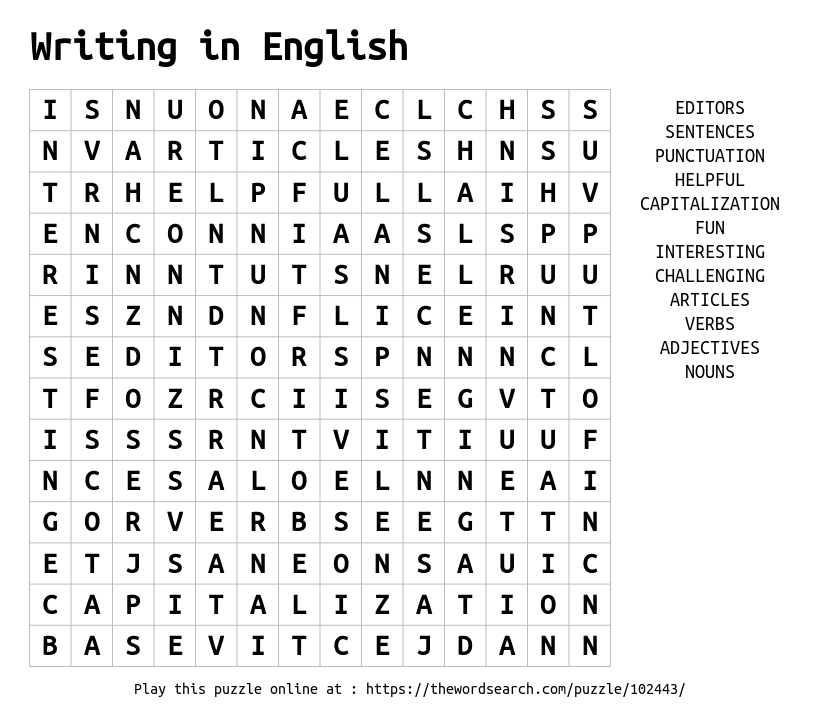Writing In English Word Search