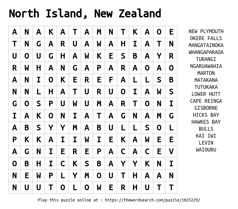 north island new zealand word search