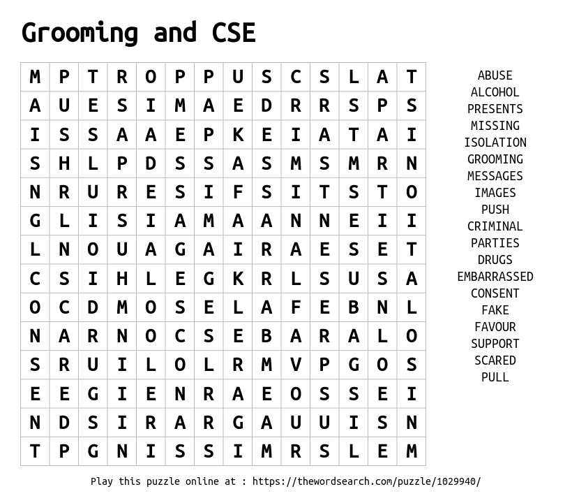 Word Search on Grooming and CSE