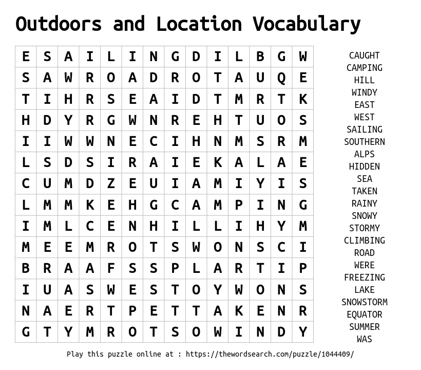 Download Word Search on Outdoors and Location Vocabulary