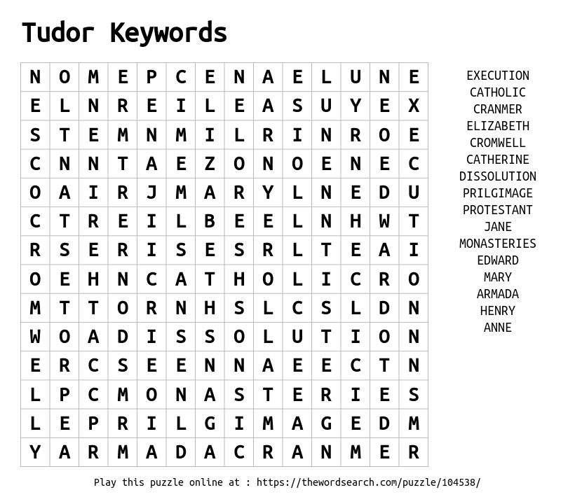 Tudor Keywords Word Search