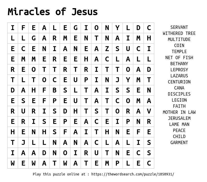 Miracles Of Jesus Word Search