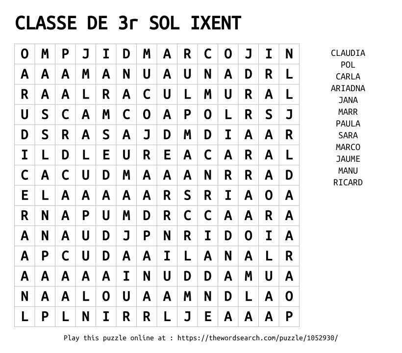 Word Search on CLASSE DE 3r SOL IXENT