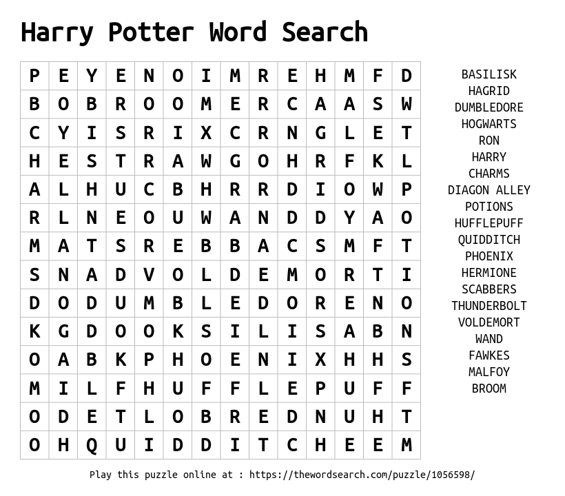 Download Word Search On Harry Potter Word Search