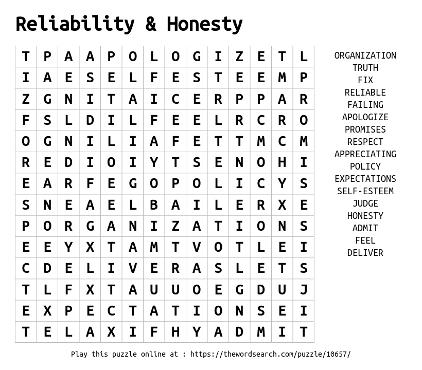 download word search on reliability honesty