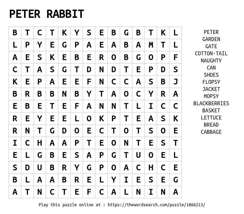 PETER RABBIT Word Search