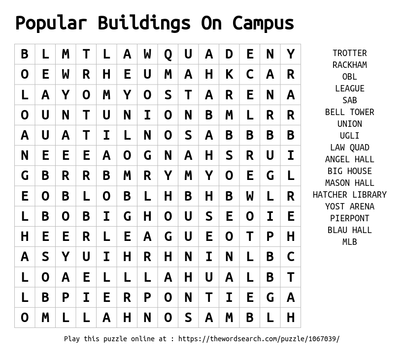 Download Word Search on Popular Buildings On Campus