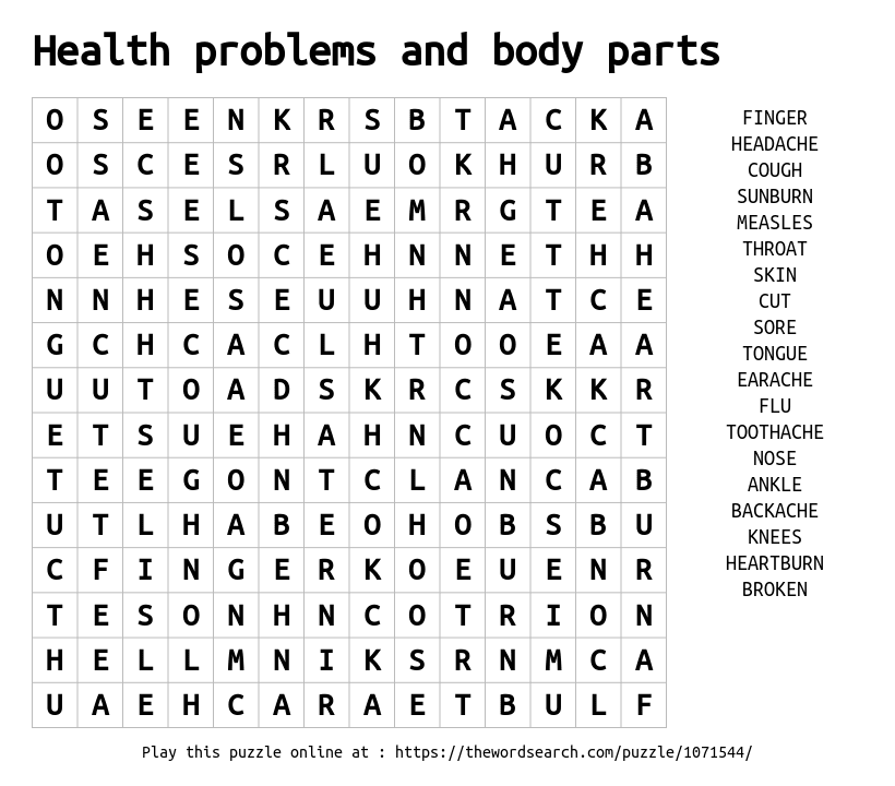 Word Search on Health problems and body parts