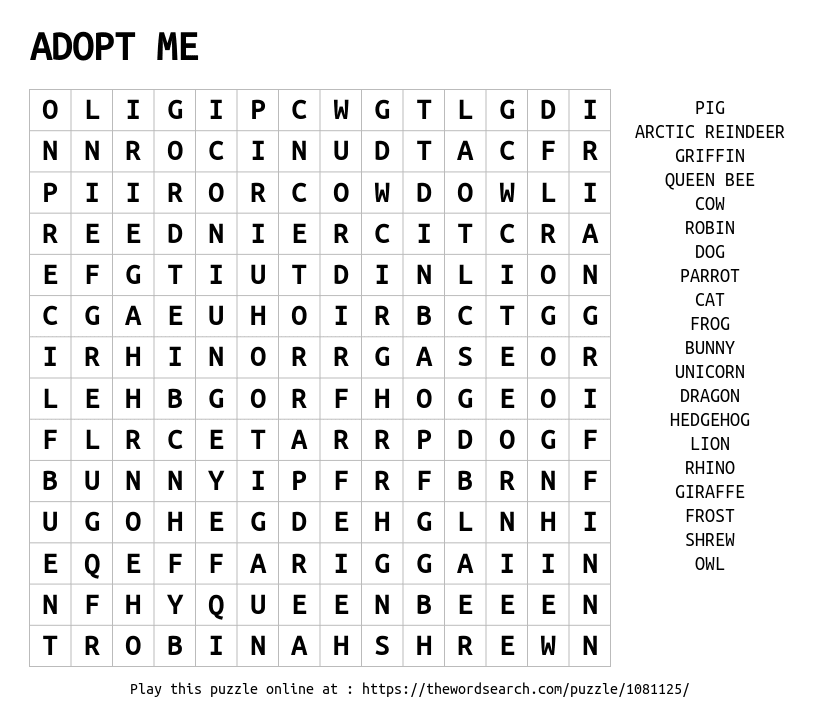 Adopt Me Pets 1 Word Search - WordMint