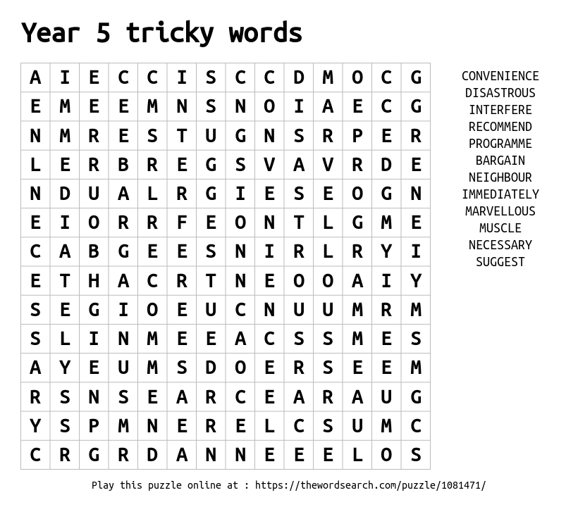 download word search on year 5 tricky words