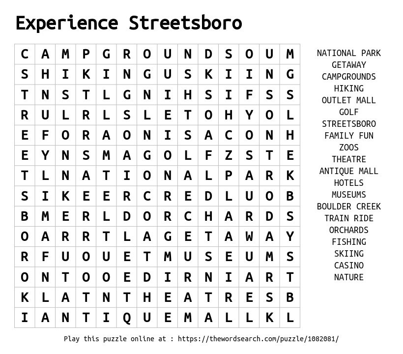 Word Search on Experience Streetsboro