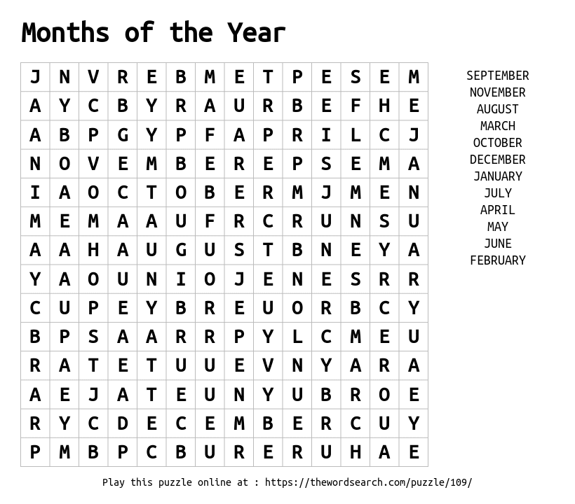 Word Search on Months of the Year