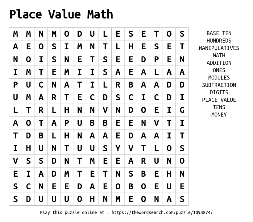 place value math word search