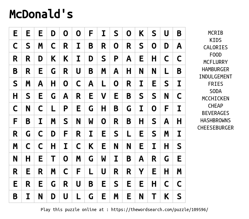 Mcdonald S Word Search