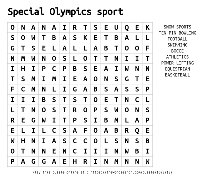 Special Olympics sport Word Search