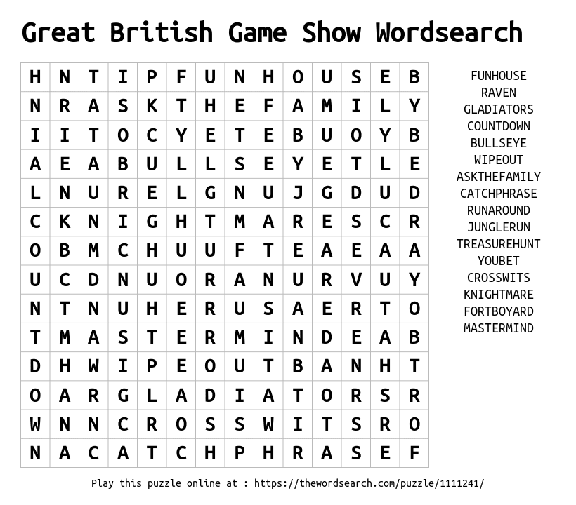 Download Word Search On Great British Game Show Wordsearch