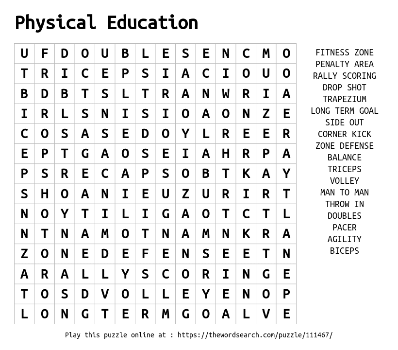 Word Search on Physical Education 