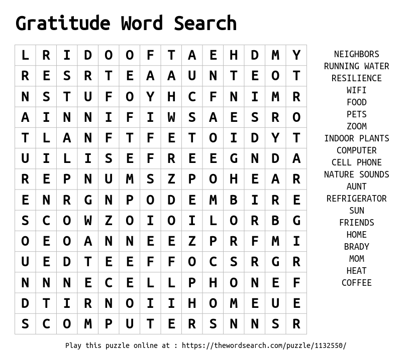 Gratitude Word Search Word Search