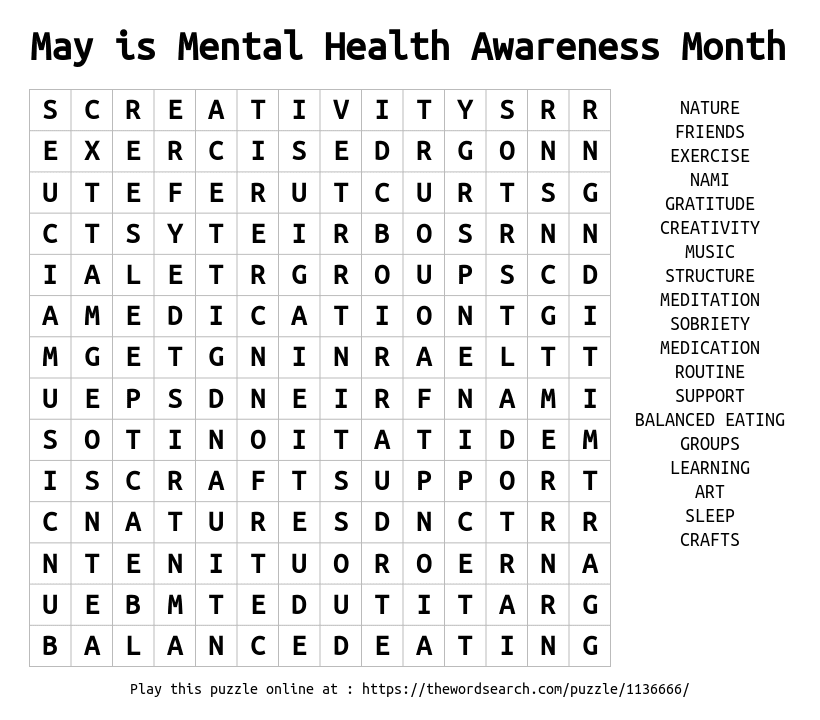 Download Word Search On May Is Mental Health Awareness Month