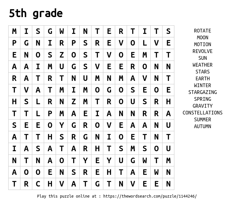 5th Grade Word Search