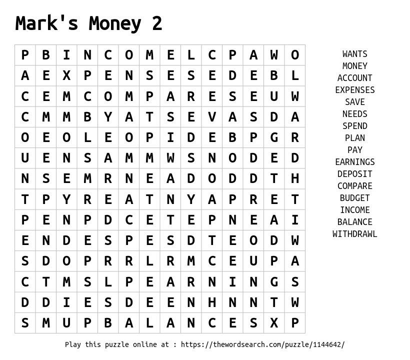 Money, Free Word Search Puzzle Worksheets