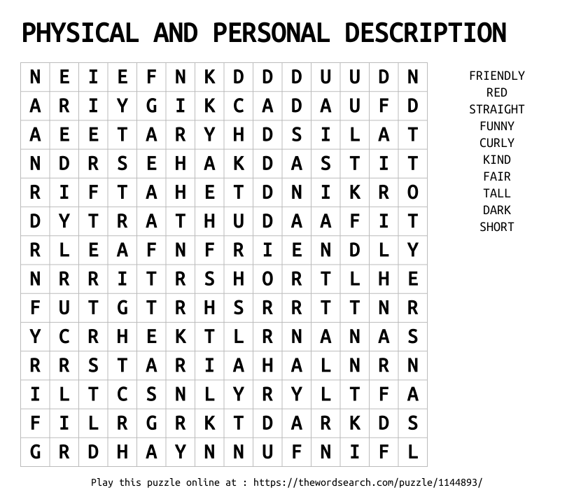 Word Search on PHYSICAL AND PERSONAL  DESCRIPTION 