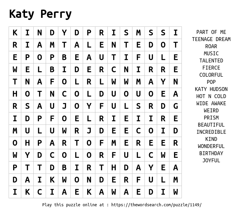 Word Search on Katy Perry