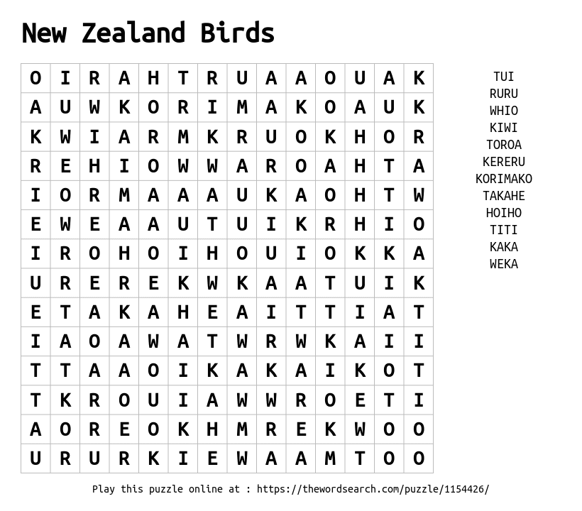 Word Search on New Zealand Birds