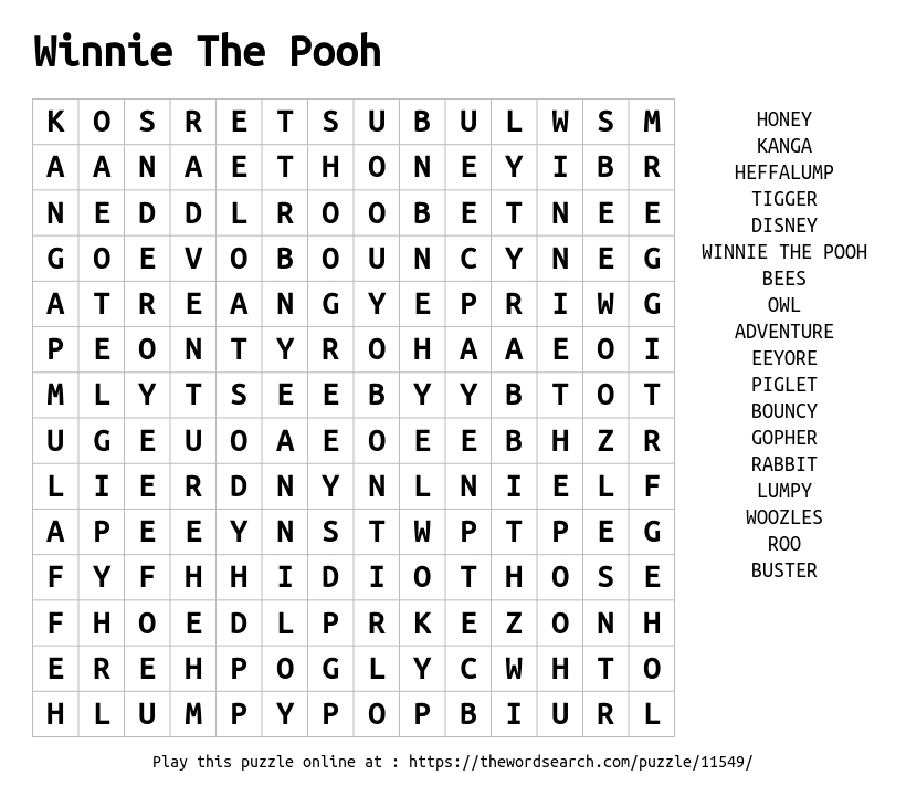 Word Search on Winnie The Pooh