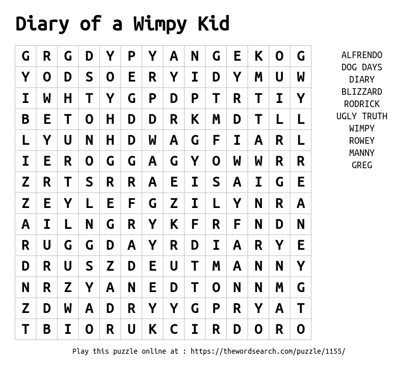 Download Word Search On Diary Of A Wimpy Kid